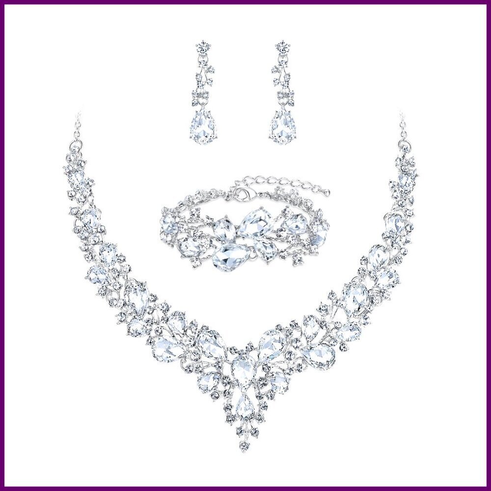 Austrian Crystal Teardrop Statement Jewelry Set Necklace Earrings Bracelet